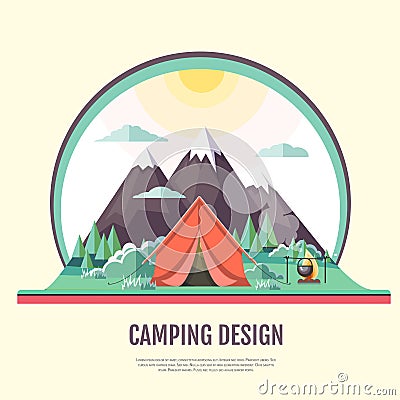 Flat style design of vintage Mountains landscape and camping Vector Illustration