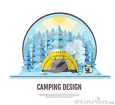 Flat style design of winter forest landscape and camping tent Vector Illustration