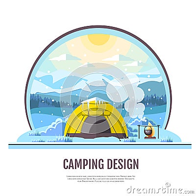 Flat style design of winter Mountains landscape and camping tent Vector Illustration