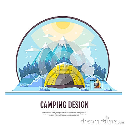 Flat style design of winter Mountains landscape and camping tent Vector Illustration