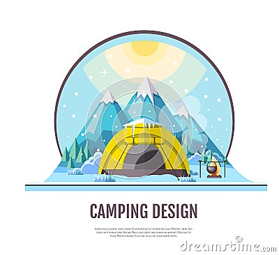 Flat style design of winter Mountains landscape and camping tent Vector Illustration