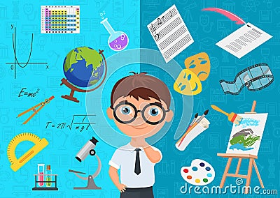 Flat style of diligent schoolboy character in glasses surrounded with various icons of school subjects on blue Vector Illustration