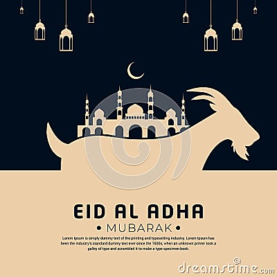 Flat style eid al adha design with mosque, lantern and goat. Mubarak islamic festival background Vector Illustration