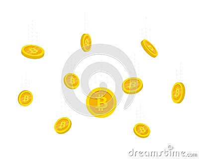 Flat style flying gold Bitcoins isolated on white background. Coins money falling vector illustration. Vector Illustration