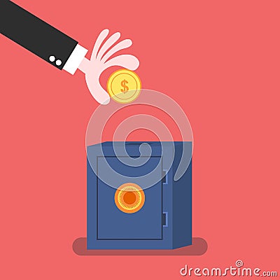 Flat style hand saving money in metallic safe Vector Illustration