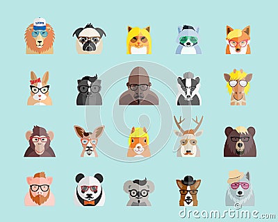 Flat Style Hipster Animals Avatar Vector Portraits or Icon Set for Social Media, Web Sites, etc. Vector Illustration