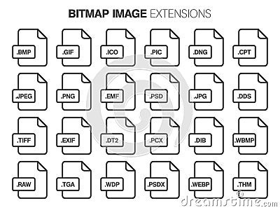 Flat style icon set. Bitmap image file type, extencion. Document format. Vector Illustration