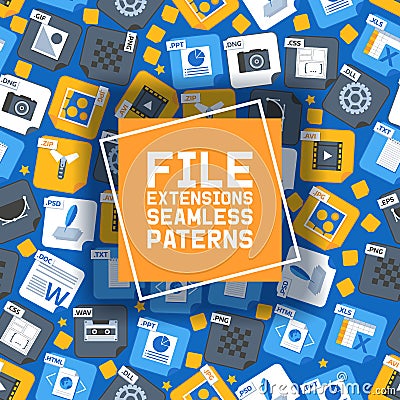 Flat style icon set seamless pattern vector illustration. Audio, song, voice recording, image, word file type, extencion Vector Illustration