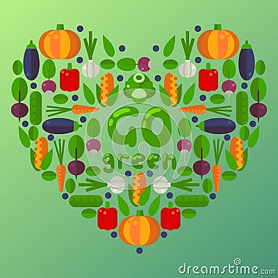 Flat style icons of farm vegetables in heart shape composition, vector illustration. Pumpkin, corn, eggplant, carrot and Vector Illustration