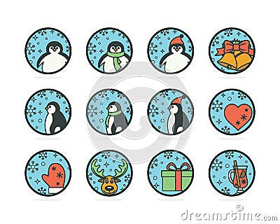 Flat Style Icons With Penguins In Hat And Scarf, Deer, Winter Attributes Vector Illustration