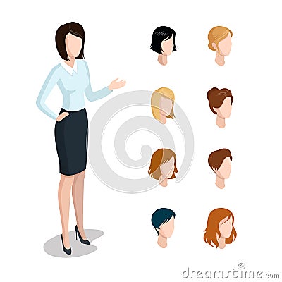 Flat style isometric head face types woman hairstyle illustration set. Diversity female business character constructor: hai Cartoon Illustration