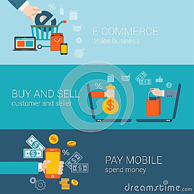 Flat style mobile online e-commerce buy pay infographic concept Vector Illustration