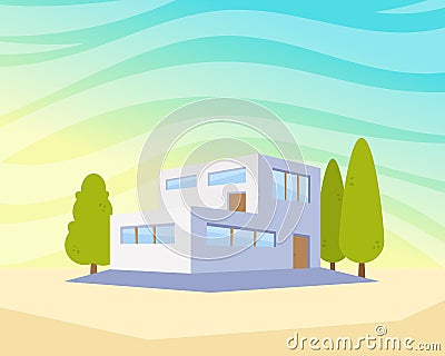 Flat Style Modern Architecture House with Trees in the Yard. Beautiful City Landscape Vector Drawing Illustration Vector Illustration