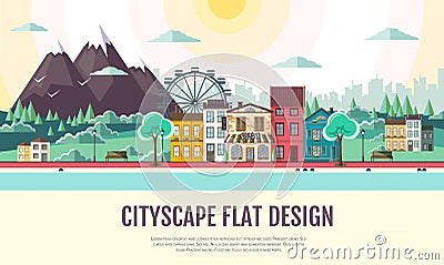 Flat style modern design of urban city landscape and mountains Vector Illustration