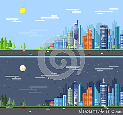 Flat style modern design of urban day and night city landscape. Vector Illustration