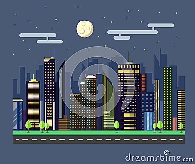 Flat style modern design of urban night city landscape. Vector Illustration