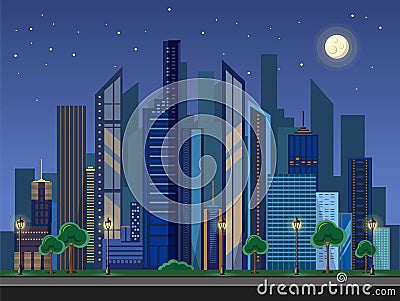 Flat style modern design of urban night city landscape. Vector Illustration