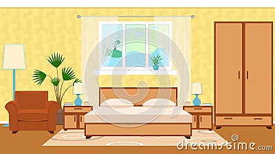 Flat style otel room interior with furniture, houseplant, ocean Vector Illustration