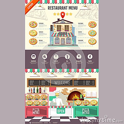 Flat style pizzeria cafe design. Web site design. Pizza menu Vector Illustration