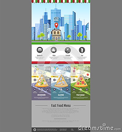 Flat style pizzeria cafe design. Web site design. Pizza menu Vector Illustration