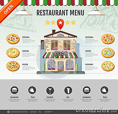 Flat style pizzeria cafe design. Web site design. Pizza menu Vector Illustration