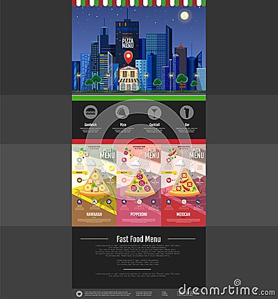 Flat style pizzeria cafe design. Web site design. Pizza menu Vector Illustration