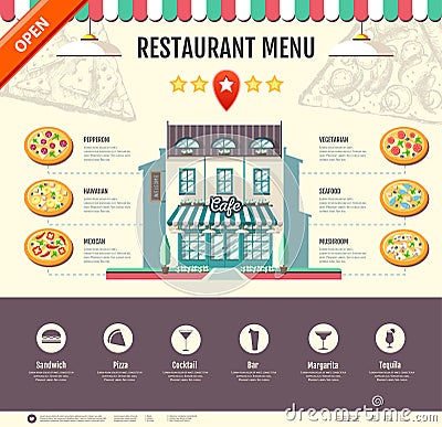 Flat style pizzeria cafe design. Web site design. Pizza menu Vector Illustration