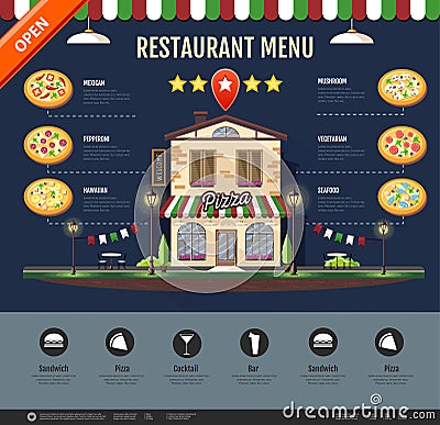 Flat style pizzeria cafe design. Web site design. Pizza menu Vector Illustration