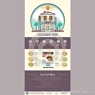 Flat style pizzeria cafe design. Web site design. Pizza menu Vector Illustration