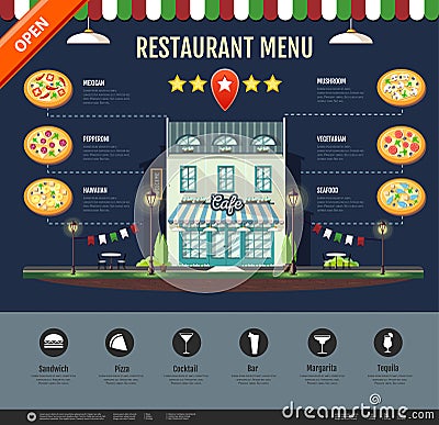 Flat style pizzeria cafe design. Web site design. Pizza menu Vector Illustration