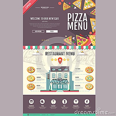 Flat style pizzeria cafe design. Web site design. Vector Illustration