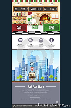 Flat style pizzeria interior. Web site design. Pizza menu Vector Illustration