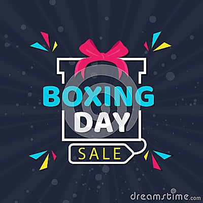 Flat style poster design with Boxing Day Sale text on gift box decorated with geometric elements on blue rays background Stock Photo