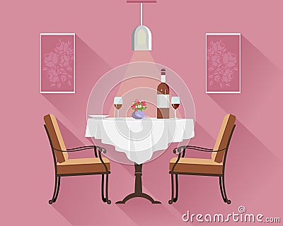 Flat style round restaurant table for two with white cloth, wine glasses, bottle of wine, plate and vase. Restaurant table. Vector Illustration