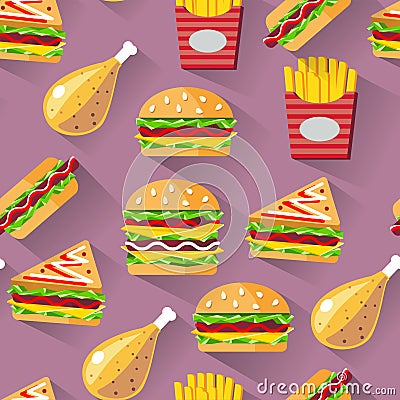 Flat style seamless pattern fast food background Vector Illustration