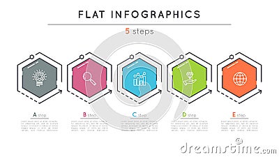 Flat style 5 steps timeline infographic template. Vector Illustration