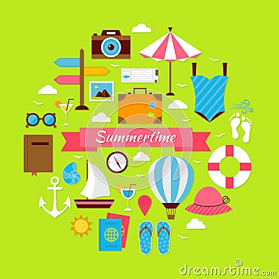 Flat Style Summertime Travel Concept Vector Illustration