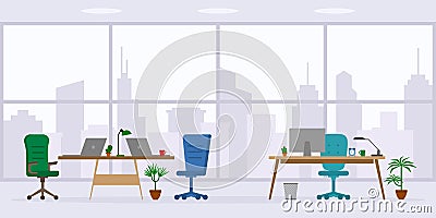 Flat style table, desk, chair, computer, desktop, window isolated on skyscraper background Vector Illustration