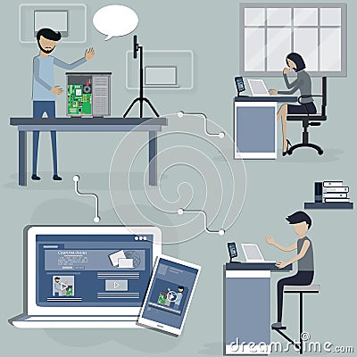 Flat style of technology,The technician teaching for solve and maintenance computer on online course - Vector Vector Illustration