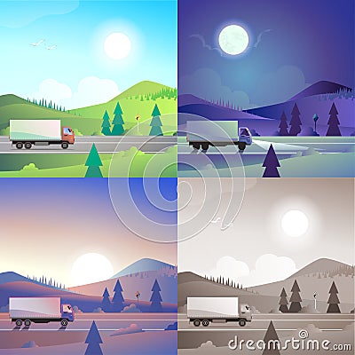 Flat style truck on the mountain road scene set Vector Illustration