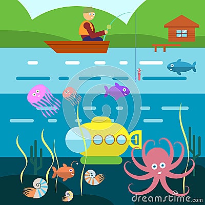 Flat Style Underwater Life with Fisherman on a boat Vector Vector Illustration