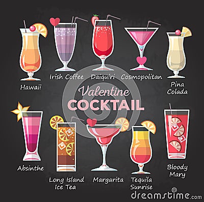 Flat style Valentine cocktail menu Vector Illustration