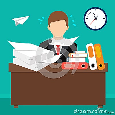 Flat style vector illustration. Busy cluttered office table. Hard work. Office interior. Vector Illustration