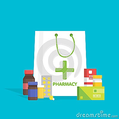 Flat style white shopping bag with different medical pills and bottles, healthcare pharmacy, drug store. Vector illustration Cartoon Illustration