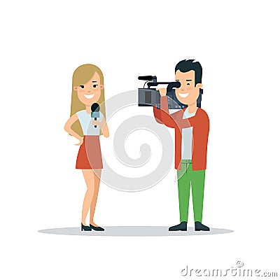 Flat style woman journalist correspondent vector illustration. Female with microphone, operator removes camcorder video. TV statio Cartoon Illustration