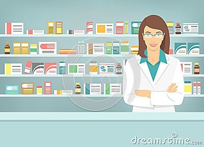 Flat style young pharmacist at pharmacy opposite shelves of medicines Vector Illustration