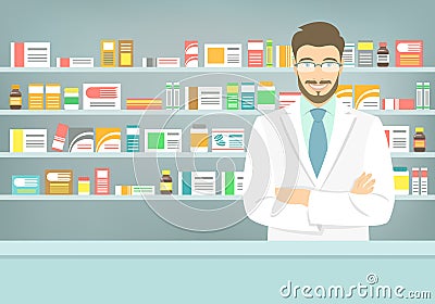 Flat style young pharmacist at pharmacy opposite shelves of medicines Vector Illustration