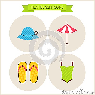 Flat Summer Beach Website Icons Set Vector Illustration