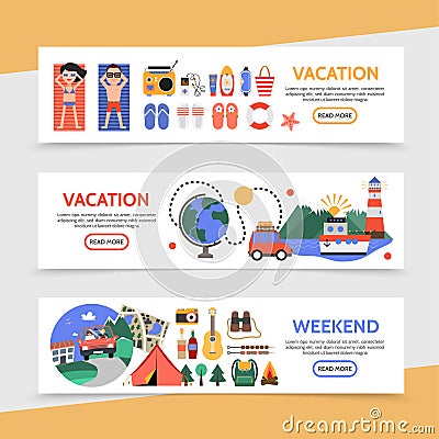 Flat Summer Travel Horizontal Banners Vector Illustration