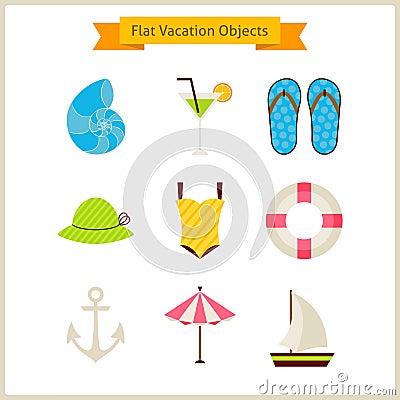 Flat Summer Vacation Objects Set Vector Illustration